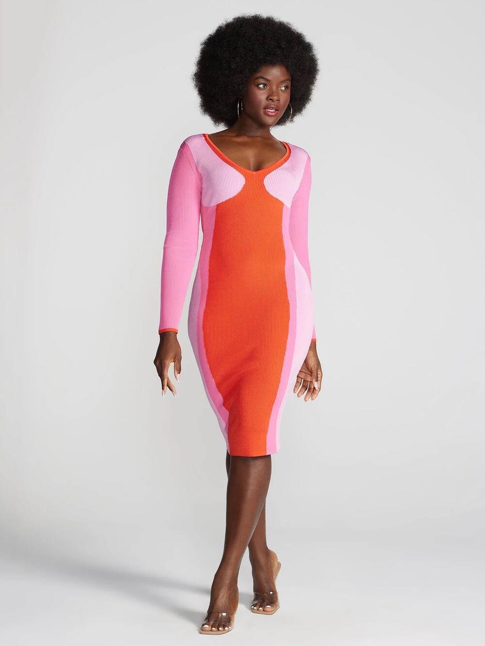 Gabrielle Union Vibrant Colorblock Long Sleeve Ribbed Knit Midi Bodycon Dress XL